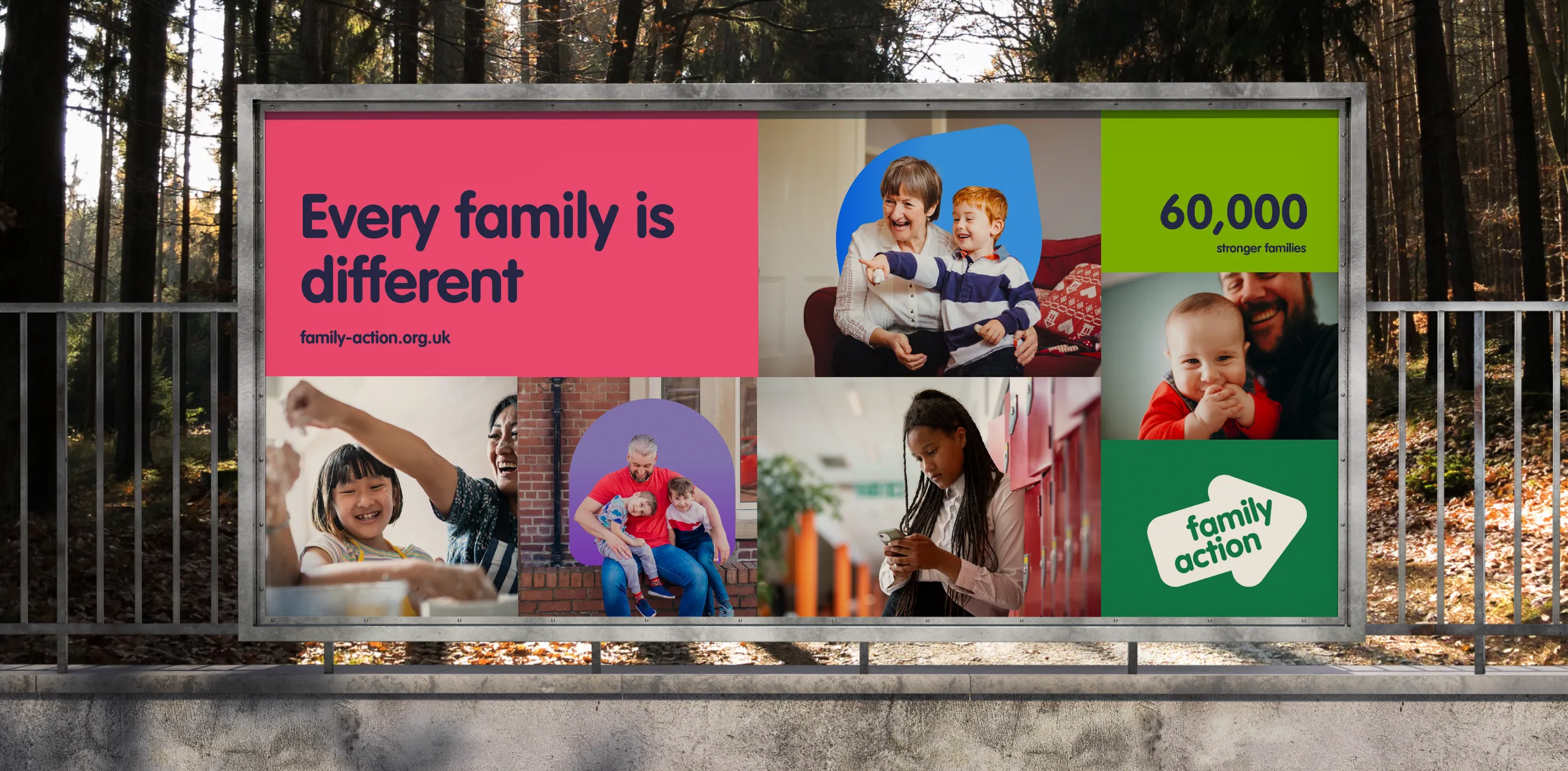 An outdoor billboard showing a grid of different families with the text saying 'Every family is different'