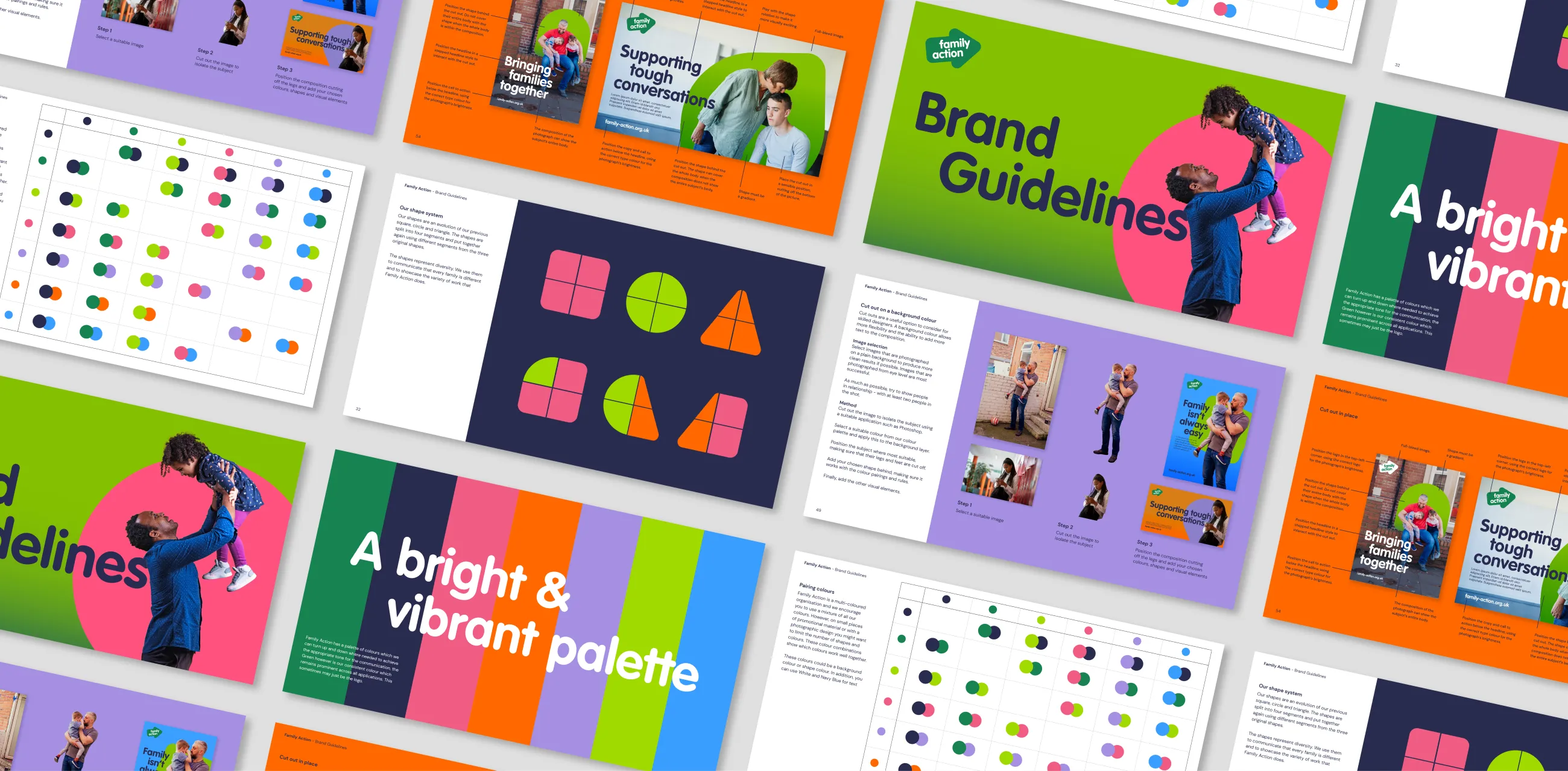 A variety of pages from the Family Action guidelines including the front colour, the bright and vibrant colour palette, the shape system demonstrating how every family is different and how to use the brand ingredients.