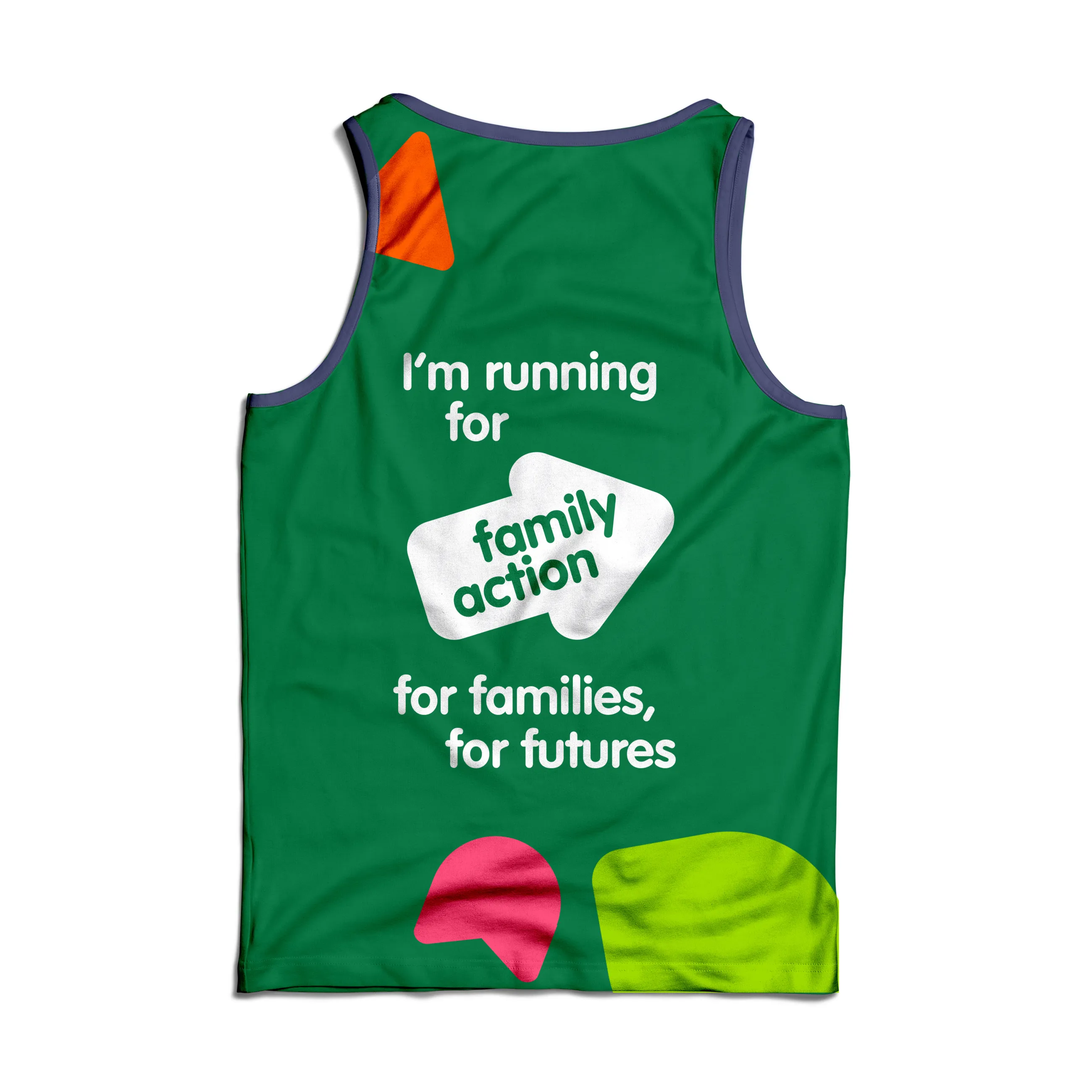 A green Family Action running vest with a variety of shapes and the text saying 'I'm running for family action for families, for futures'