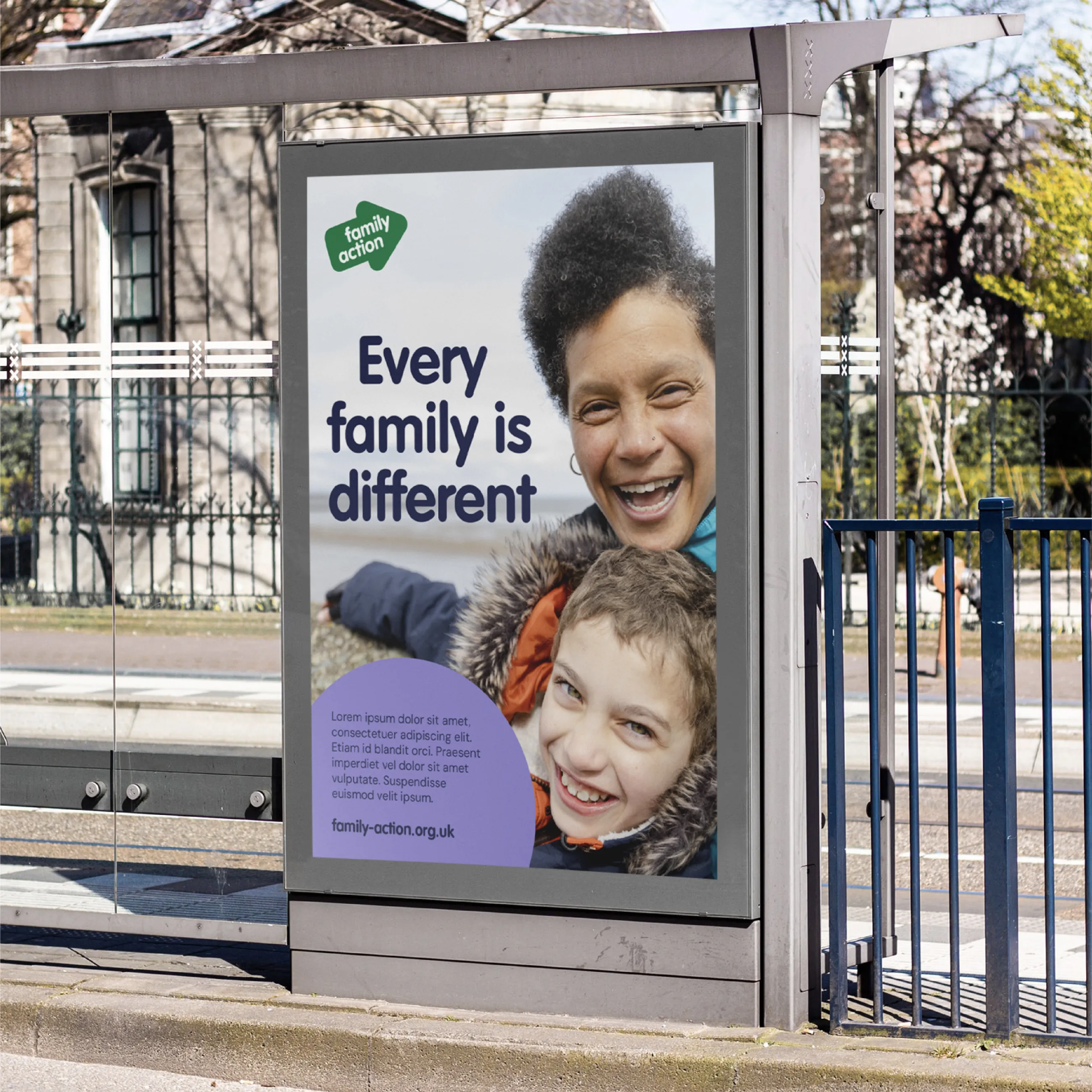 A Family Action bus stop advertisement of a mother and son saying 'Every family is different'.