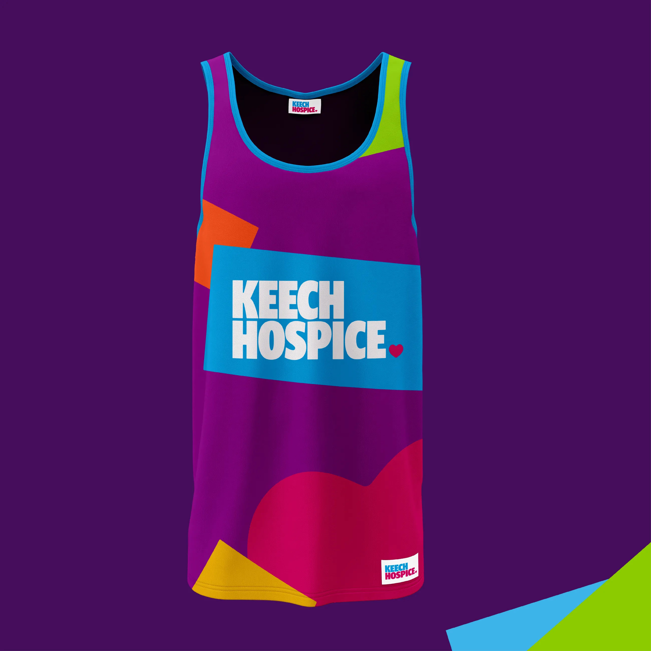 Keech Hospice purple running vest with the logo on a blue square surrounded by multi coloured squares and a pink heart